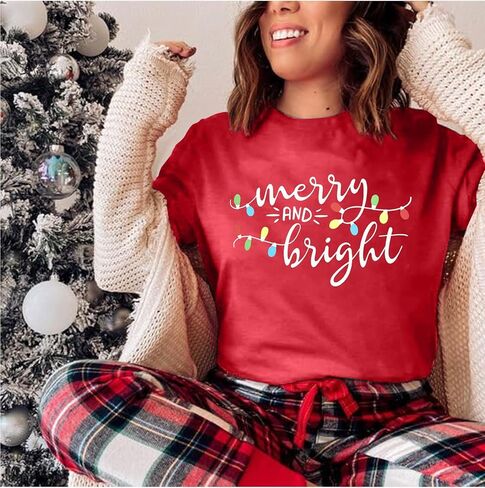 Christmas Shirt Merry and Bright Christmas Lights T-Shirts Women Xmas Lights Graphic Shirts Merry Christmas Holiday Top in Kuwait