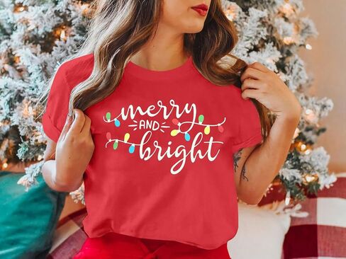 Christmas Shirt Merry and Bright Christmas Lights T-Shirts Women Xmas Lights Graphic Shirts Merry Christmas Holiday Top in Kuwait