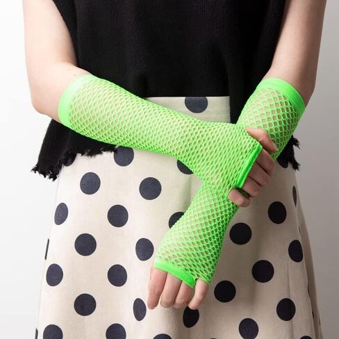 زوجان من قفازات شبكة صيد السمك النسائية الشبكية بدون أصابع لحفلات الأزياء التنكرية في الثمانينيات، وردي فاقع، طويل وقصير in Kuwait