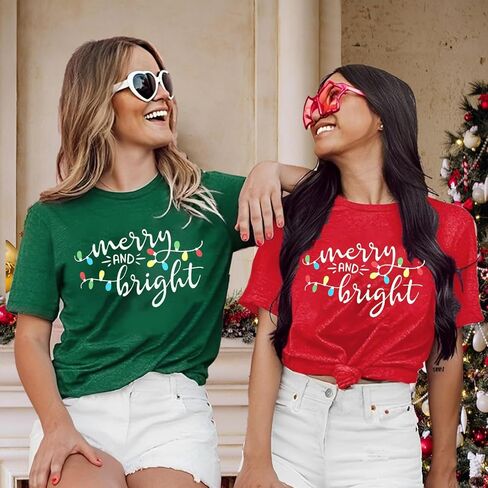 Christmas Shirt Merry and Bright Christmas Lights T-Shirts Women Xmas Lights Graphic Shirts Merry Christmas Holiday Top in Kuwait