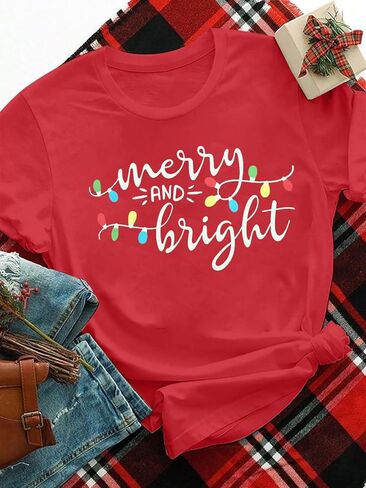 Christmas Shirt Merry and Bright Christmas Lights T-Shirts Women Xmas Lights Graphic Shirts Merry Christmas Holiday Top in Kuwait