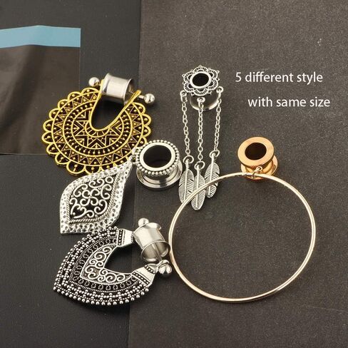 5 Pairs Surgical Steel Dangle Plugs For Women Rose Gold Hoop Double Flare Ear Tunnels Gauges Stretcher 9/16 Tunnels (14mm=9/16'') in Kuwait
