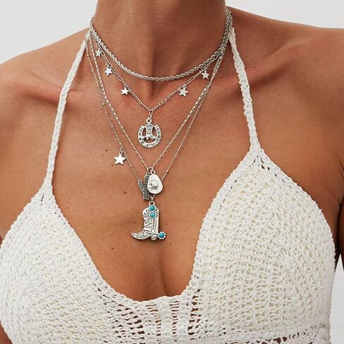 Western Turquoise Layered Chain Necklaces Brown Suede Choker Necklace Set Boho Jewelry Gifts for Women Cowgirls in Saudi Arabia