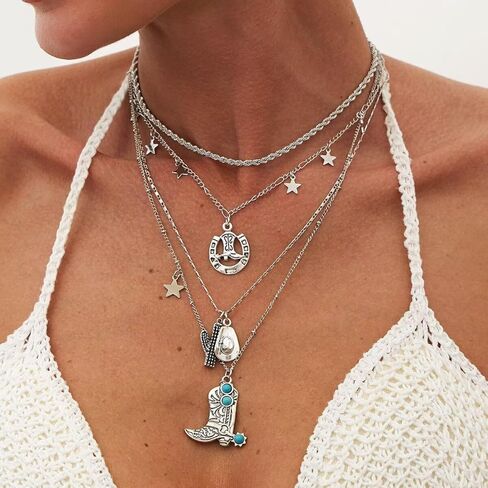 Western Turquoise Layered Chain Necklaces Brown Suede Choker Necklace Set Boho Jewelry Gifts for Women Cowgirls in Saudi Arabia