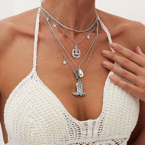 Western Turquoise Layered Chain Necklaces Brown Suede Choker Necklace Set Boho Jewelry Gifts for Women Cowgirls in Saudi Arabia