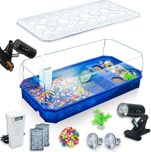 Aquatic Turtle Tank Habitat Kit Stone+Filter+Heat Lamp Enhancing Interaction with 360° Viewing, Standalone Filtration, DIY Creative Zone, Enriched Living (Blue, Large[with Light]) in Kuwait
