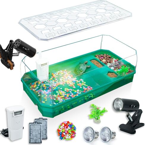 Aquatic Turtle Tank Habitat Kit Stone+Filter+Heat Lamp Enhancing Interaction with 360° Viewing, Standalone Filtration, DIY Creative Zone, Enriched Living (Blue, Large[with Light]) in Saudi Arabia