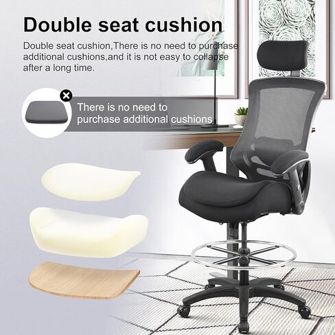 BOLISS 400lbs Mesh Ergonomic Office Computer Drafting Chair with Super Soft Adjustable Flipped Arms Molded Foam Double Seat Cushion Adjustment Lumbar Support Big Foot Ring (Black) in Kuwait