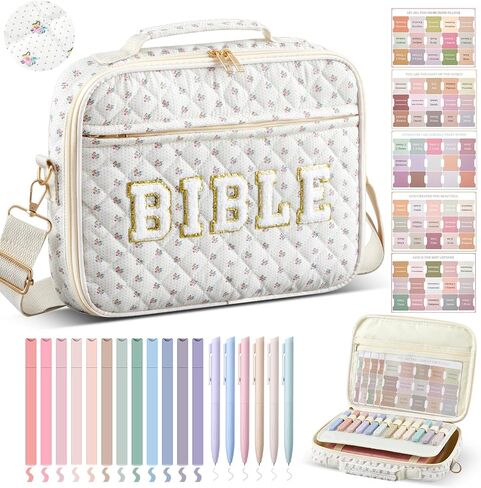 Quilted Bible Cover Case for Women 12 x 9 x 2.5 Inch Chenille Letter Bible Bag with Shoulder Strap Carrying Bags with Tabs 6 Colored Pens 12 Highlighters Christian Church Study Gifts(Bow,Pink) in Kuwait