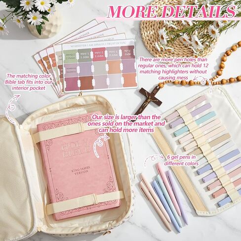 Quilted Bible Cover Case for Women 12 x 9 x 2.5 Inch Chenille Letter Bible Bag with Shoulder Strap Carrying Bags with Tabs 6 Colored Pens 12 Highlighters Christian Church Study Gifts(Bow,Pink) in Kuwait