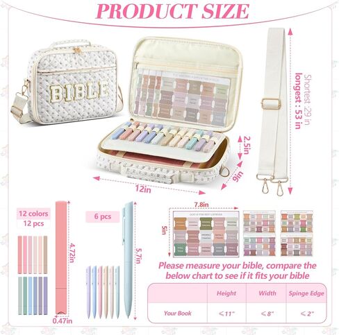 Quilted Bible Cover Case for Women 12 x 9 x 2.5 Inch Chenille Letter Bible Bag with Shoulder Strap Carrying Bags with Tabs 6 Colored Pens 12 Highlighters Christian Church Study Gifts(Bow,Pink) in Kuwait