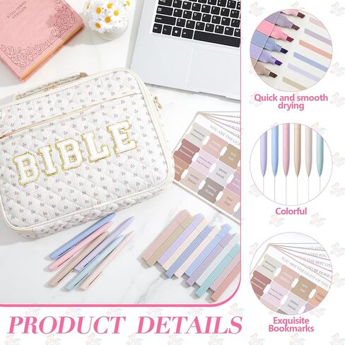 Quilted Bible Cover Case for Women 12 x 9 x 2.5 Inch Chenille Letter Bible Bag with Shoulder Strap Carrying Bags with Tabs 6 Colored Pens 12 Highlighters Christian Church Study Gifts(Bow,Pink) in Kuwait