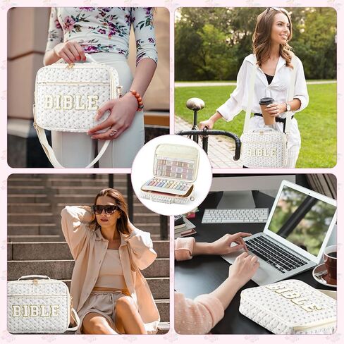 Quilted Bible Cover Case for Women 12 x 9 x 2.5 Inch Chenille Letter Bible Bag with Shoulder Strap Carrying Bags with Tabs 6 Colored Pens 12 Highlighters Christian Church Study Gifts(Bow,Pink) in Kuwait