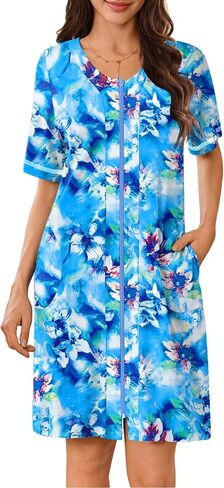 Ekouaer Women Zipper Robes Short Sleeves Housecoat Lightweight Bathrobes Zip Up Robe Casual Nightgown with Pockets S-2XL in Saudi Arabia