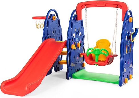 Costzon 6 in 1 Slide Toddler Slide and Swing ، Kids Large Clide Slide Playset مع كرة السلة ، بوابة كرة القدم وثقب الجولف ، مجموعة أرجوحة للملعب في الفناء الخلفي في الهواء الطلق 2-12 هدايا in Saudi Arabia