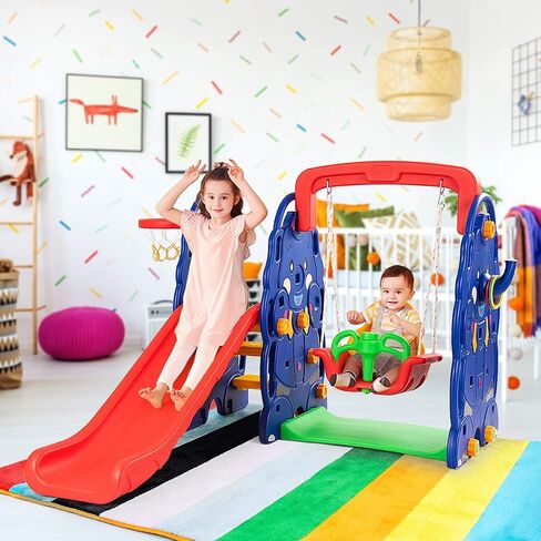 Costzon 6 in 1 Slide Toddler Slide and Swing ، Kids Large Clide Slide Playset مع كرة السلة ، بوابة كرة القدم وثقب الجولف ، مجموعة أرجوحة للملعب في الفناء الخلفي في الهواء الطلق 2-12 هدايا in Saudi Arabia