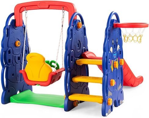 Costzon 6 in 1 Slide Toddler Slide and Swing ، Kids Large Clide Slide Playset مع كرة السلة ، بوابة كرة القدم وثقب الجولف ، مجموعة أرجوحة للملعب في الفناء الخلفي في الهواء الطلق 2-12 هدايا in Saudi Arabia