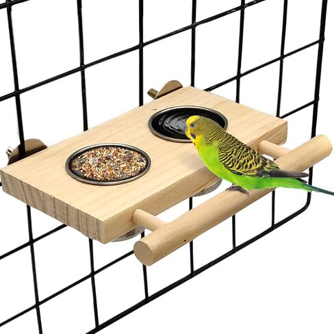 Tfwadmx Bird Feeding Dish Cups with Wooden Platform Hanging Stainless Steel Parrot Cage Feeder Bowl Wood Perch Stand for Parakeet Cockatiels Lovebirds Budgie (Small) in Saudi Arabia