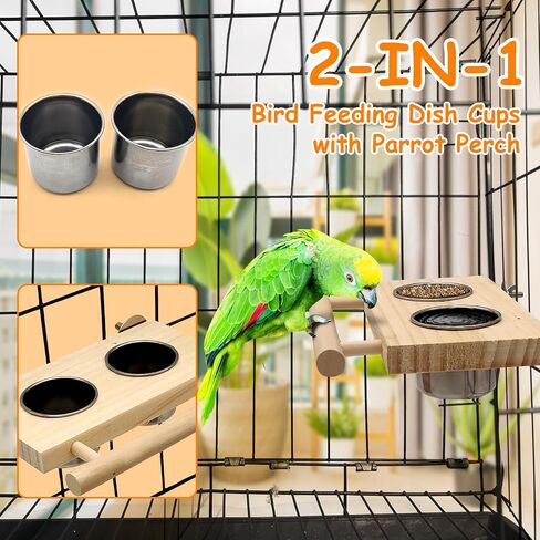 Tfwadmx Bird Feeding Dish Cups with Wooden Platform Hanging Stainless Steel Parrot Cage Feeder Bowl Wood Perch Stand for Parakeet Cockatiels Lovebirds Budgie (Small) in Saudi Arabia
