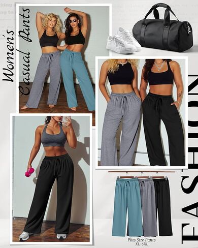 Neer 3 Pack Women's Plus Size Pants Wide Leg Lounge Yoga Pants Casual Baggy Drawstring High Waist Sweatpants with Pockets in Kuwait