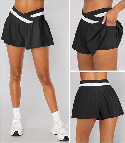 شورتات تجريب رياضية للسيدات تتدفق الفراشة المرن المرن عالي الخصر 2 في 1 الجري الجري على جيوب للنساء in Kuwait