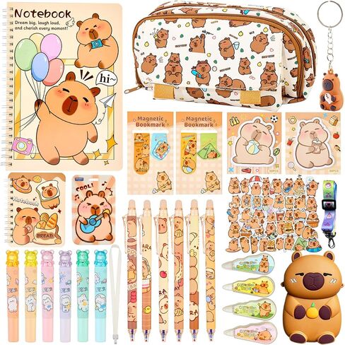 Capybara School Supplies Set Cute Stationery Set Kawaii Back to School A7/A5 Spiral Notebook,Pencil Case, 6 Erasable Gel Pens,40 stickers,Card Holder Perfect Easter Birthday Gifts for Kids in Saudi Arabia
