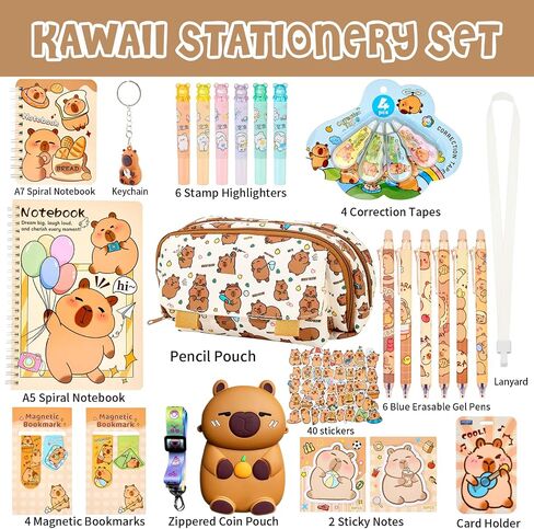 Capybara School Supplies Set Cute Stationery Set Kawaii Back to School A7/A5 Spiral Notebook,Pencil Case, 6 Erasable Gel Pens,40 stickers,Card Holder Perfect Easter Birthday Gifts for Kids in Saudi Arabia