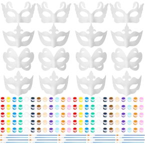 HyDren 100 Pcs Mardi Gras Mask DIY Half Face Mask Making Kit Bulk 60 White Blank Paper Mache Masks 20 Acrylic Paints Strips 20 Painting Brushes for Masquerade Carnival Craft Cosplay Art Painting Party in Kuwait