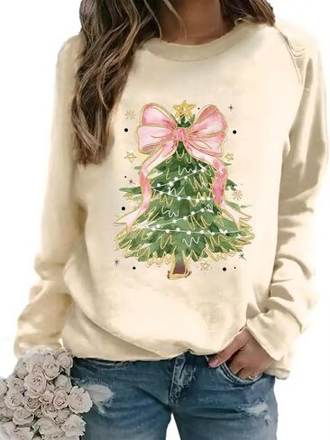 VKEGNIO Christmas Sweatshirts for Women Retro Lights Christmas Tree Graphic Long Sleeve Shirt Xmas Holiday Party Pullover Top in Kuwait