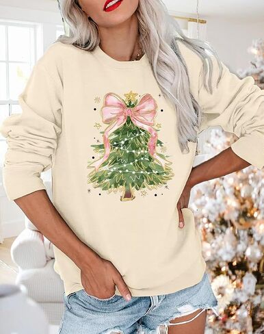 VKEGNIO Christmas Sweatshirts for Women Retro Lights Christmas Tree Graphic Long Sleeve Shirt Xmas Holiday Party Pullover Top in Kuwait