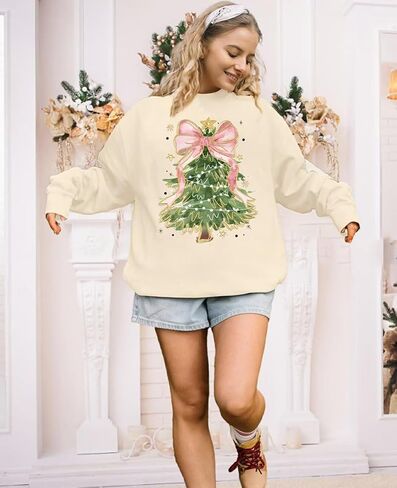 VKEGNIO Christmas Sweatshirts for Women Retro Lights Christmas Tree Graphic Long Sleeve Shirt Xmas Holiday Party Pullover Top in Kuwait