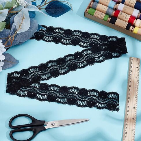 10.9 Yard 4 Inch Wide Stretchy Lace Ribbon Black Lace Trim Elastic Trim Fabric with Fan Pattern for DIY Sewing Craft Costume Hat Hair Band Tablecloth Wedding Decoration Supplies in Saudi Arabia