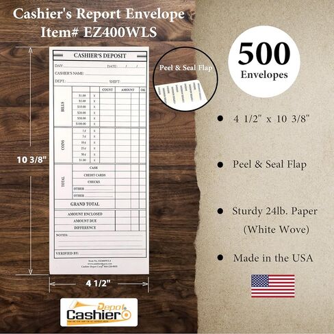 100 Cashier Depot EZ400WLS Cashier's Deposit Report Envelope For Hotels, Restaurants, Gas Stations & Retailers, 4 1/2" x 10 3/8", Sturdy 24lb. White Paper, Peel & Seal 100/Box… in Saudi Arabia