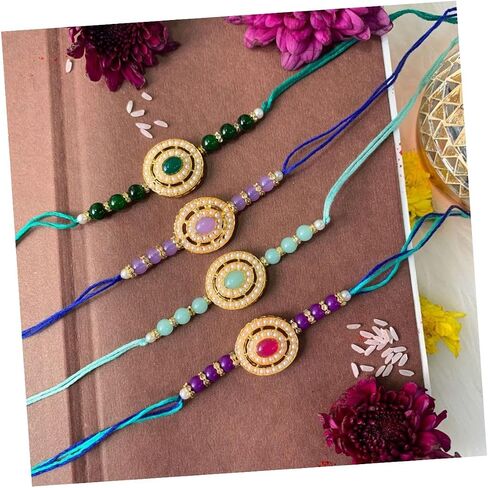 I Jewels Pearl & Kundan Meenakari Bhaiya Rakhi With Roli Chawal for Brother/Bro/Men with Rakshabandhan Card (R098-100-4) (Pack of 4) in Saudi Arabia