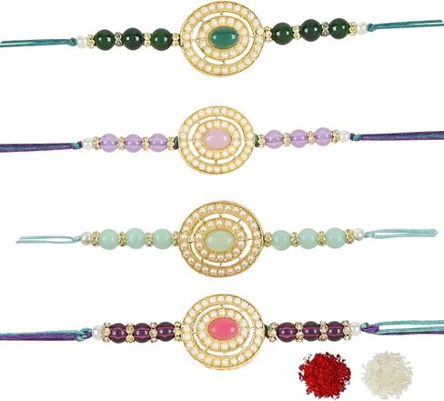 I Jewels Pearl & Kundan Meenakari Bhaiya Rakhi With Roli Chawal for Brother/Bro/Men with Rakshabandhan Card (R098-100-4) (Pack of 4) in Saudi Arabia