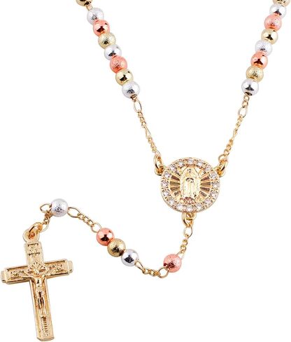 14K Gold Plated Rose Gold Plated Silver Beads Guadalupe Catholic Rosary Necklace for Women with Prayer Card and Gift Box in Saudi Arabia