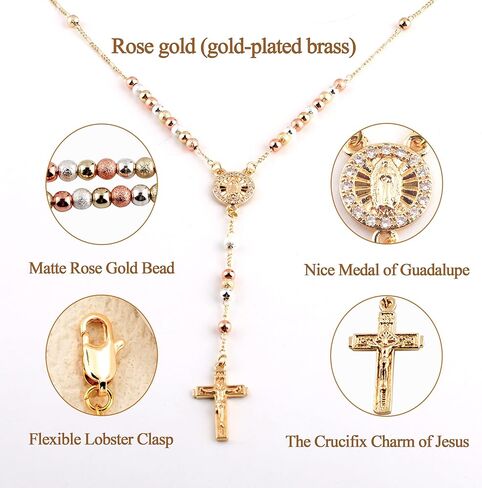 14K Gold Plated Rose Gold Plated Silver Beads Guadalupe Catholic Rosary Necklace for Women with Prayer Card and Gift Box in Saudi Arabia