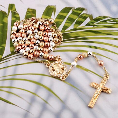 14K Gold Plated Rose Gold Plated Silver Beads Guadalupe Catholic Rosary Necklace for Women with Prayer Card and Gift Box in Saudi Arabia