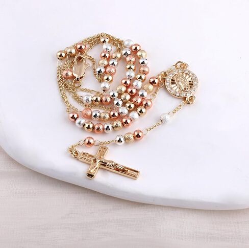 14K Gold Plated Rose Gold Plated Silver Beads Guadalupe Catholic Rosary Necklace for Women with Prayer Card and Gift Box in Saudi Arabia
