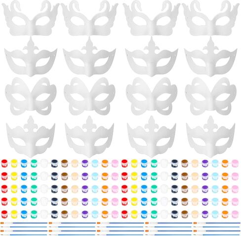 HyDren 100 Pcs Mardi Gras Mask DIY Half Face Mask Making Kit Bulk 60 White Blank Paper Mache Masks 20 Acrylic Paints Strips 20 Painting Brushes for Masquerade Carnival Craft Cosplay Art Painting Party in Kuwait