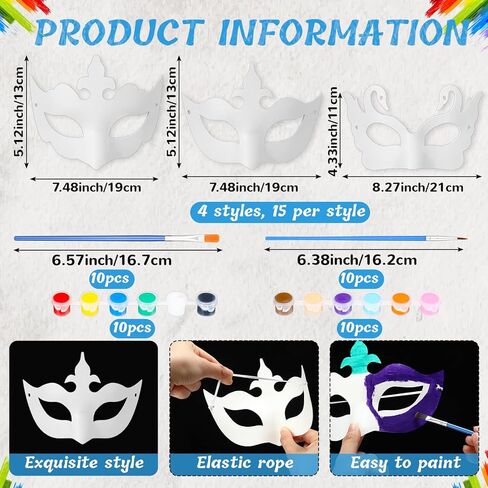 HyDren 100 Pcs Mardi Gras Mask DIY Half Face Mask Making Kit Bulk 60 White Blank Paper Mache Masks 20 Acrylic Paints Strips 20 Painting Brushes for Masquerade Carnival Craft Cosplay Art Painting Party in Kuwait