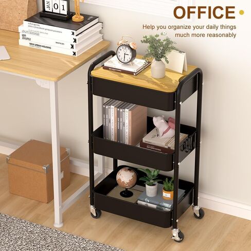 3 Tier Metal Utility Cart, Rolling Storage Cart with Wooden Tabletop, Metal Organizer Cart with Lockable Wheels for Office, Bedroom, Kitchen and Living Room (White) in Saudi Arabia