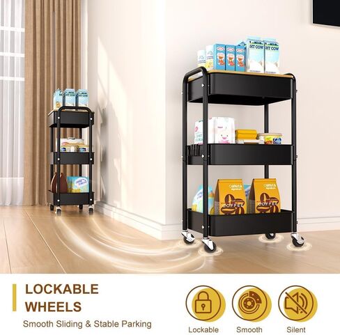 3 Tier Metal Utility Cart, Rolling Storage Cart with Wooden Tabletop, Metal Organizer Cart with Lockable Wheels for Office, Bedroom, Kitchen and Living Room (White) in Saudi Arabia