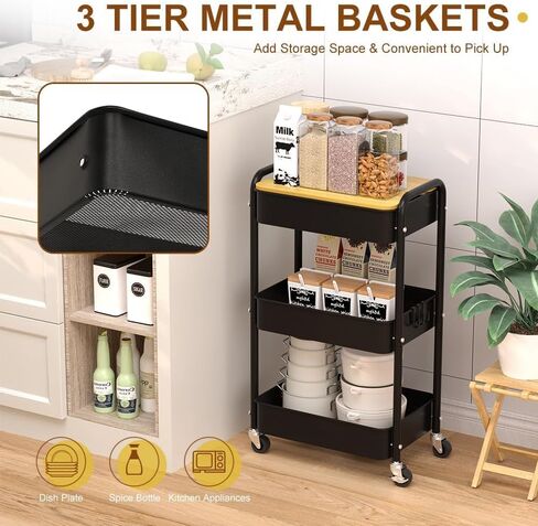 3 Tier Metal Utility Cart, Rolling Storage Cart with Wooden Tabletop, Metal Organizer Cart with Lockable Wheels for Office, Bedroom, Kitchen and Living Room (White) in Saudi Arabia