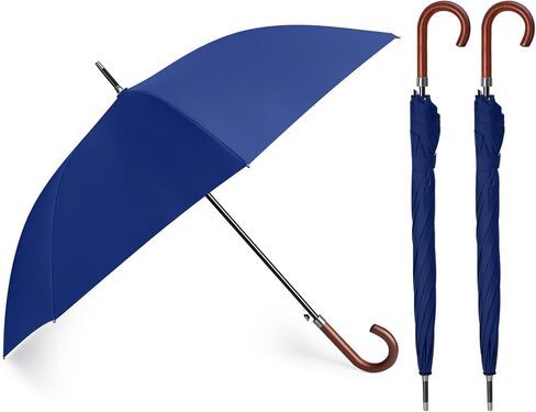 4 Pcs 48 Inch Auto Open Umbrella Wooden J Stick Handle Umbrella Windproof Unbreakable Fast Drying Rain Umbrella, Black in Saudi Arabia