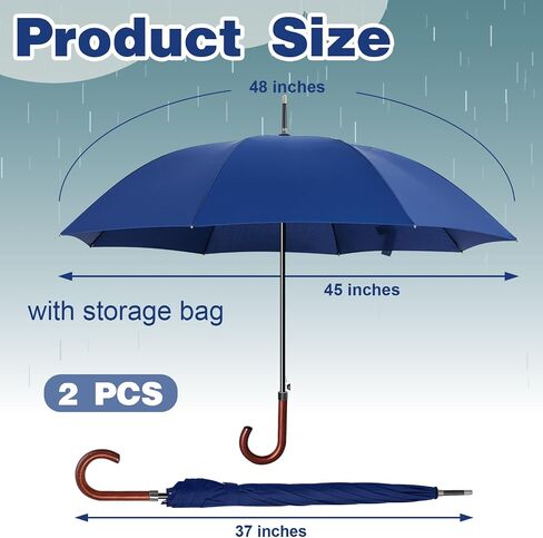 4 Pcs 48 Inch Auto Open Umbrella Wooden J Stick Handle Umbrella Windproof Unbreakable Fast Drying Rain Umbrella, Black in Saudi Arabia