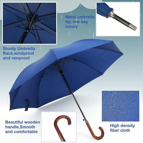 4 Pcs 48 Inch Auto Open Umbrella Wooden J Stick Handle Umbrella Windproof Unbreakable Fast Drying Rain Umbrella, Black in Saudi Arabia