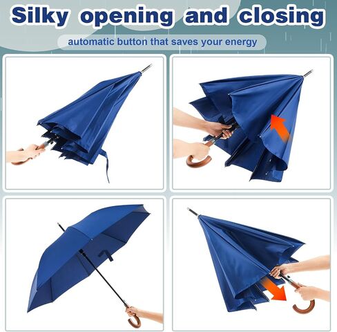 4 Pcs 48 Inch Auto Open Umbrella Wooden J Stick Handle Umbrella Windproof Unbreakable Fast Drying Rain Umbrella, Black in Saudi Arabia
