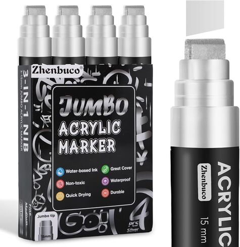 4 PCS White Jumbo Permanent Markers - 15mm Wide Tip Thick Acrylic Paint Pen, Large Calligraphy Acrylic Paint Markers for Rock Painting, Poster, Canvas, Sign, Glass, Wood, Metal, Ceramic in Saudi Arabia