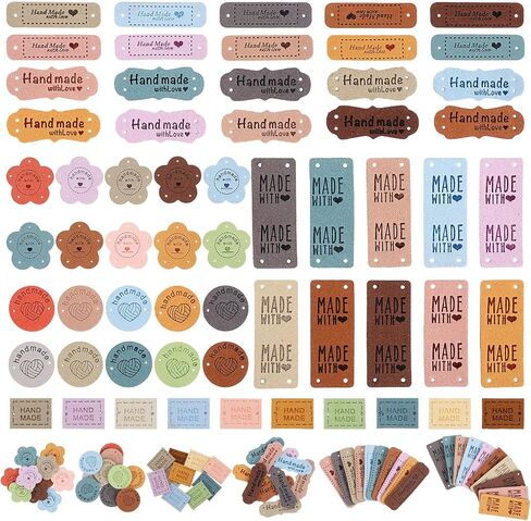 50Pcs Handmade with Love Tags, Colorful PU Leather Tags with Holes Crochet Tags Sewing Labels for Handmade Items Handmade Embossed Tag for DIY Crafts Knitting Shoes Hat Clothes Accessories in Saudi Arabia